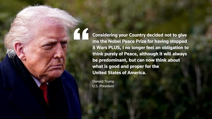 Donald Trump looking frustrated next to a map of Greenland and a Nobel medal, illustrating the Trump Nobel Peace Prize snub diplomatic crisis.